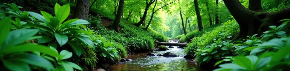 Lush green forest with diverse plant life and small stream flowing through,  protection,  flora