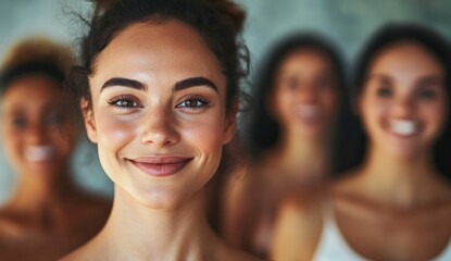 Fototapeta premium A group of women stands together, each with a soft smile that reflects empathy and the strength of their friendship.
