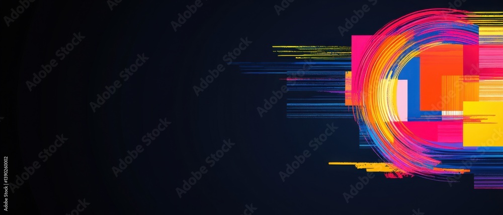 Poster abstract colorful geometric shapes with brush strokes on dark background modern digital art concept 