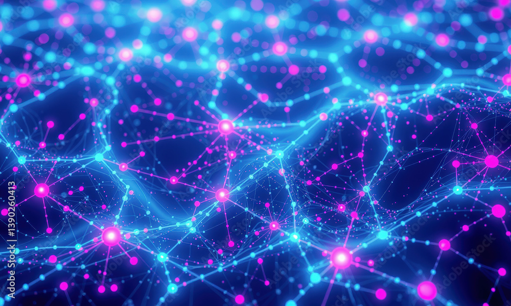 Poster vibrant digital network visualization featuring interconnected nodes in shades of blue and pink, rep