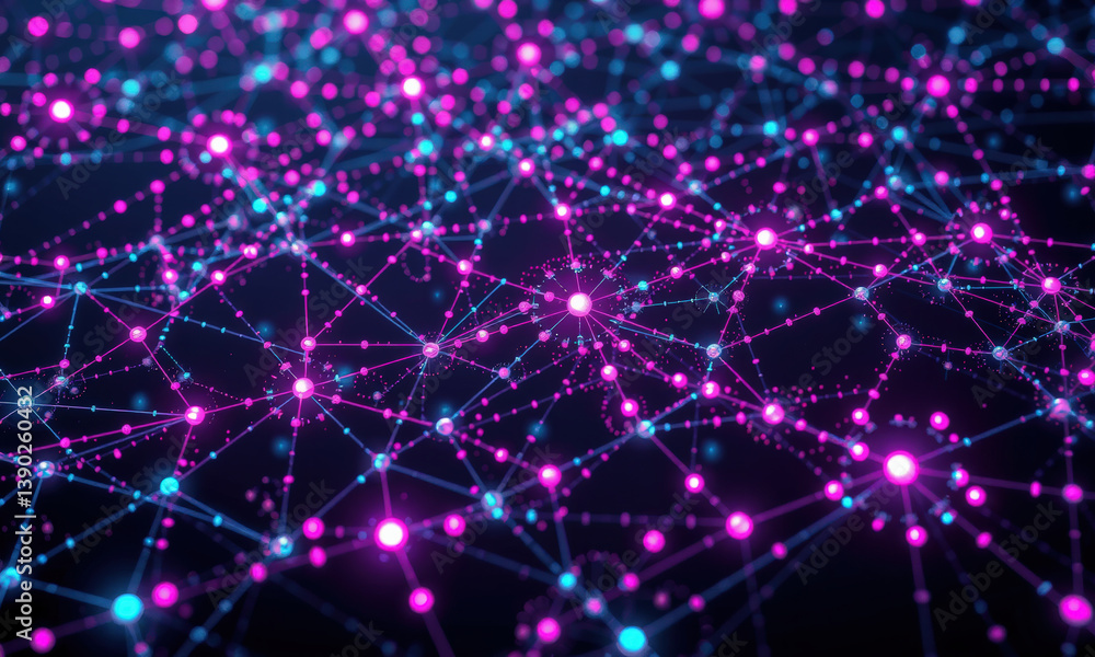 Poster vibrant network of interconnected nodes and lines, showcasing blend of pink and blue colors, represe