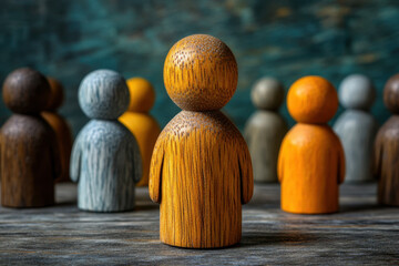 Wooden figures of people standing in a row, each unique in expression, forming a diverse and united community.