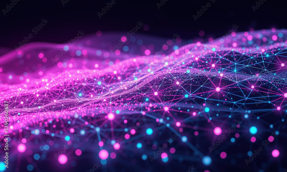 Poster vibrant digital landscape showcasing interconnected nodes and lines in shades of pink and blue, repr