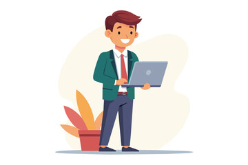 Illustration of a businessman in a green suit and tie standing in an office setting and working on his laptop.