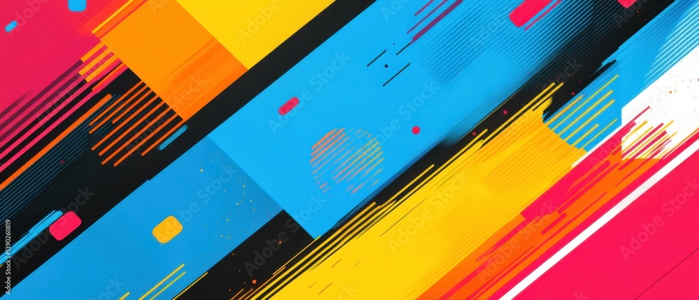 Poster dynamic abstract background with vibrant geometric shapes and diagonal lines in blue, yellow, orange