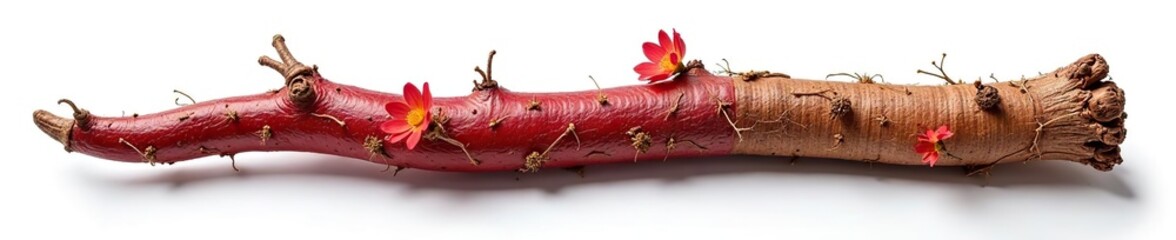 Licorice dry roots with flowers on white background,  natural,  isolated
