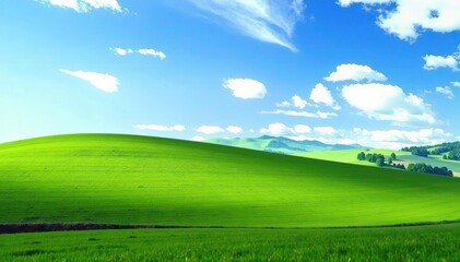 Fototapeta premium Rolling green hills under clear blue skies on a sunny summer day, nature, countryside