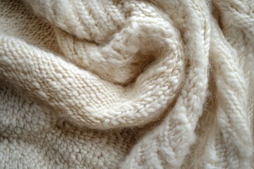 Close-up of cream-colored knitted wool fabric, showcasing its texture and creating a warm, inviting atmosphere