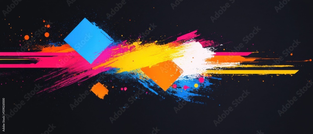 Poster abstract background with vibrant colorful squares and paint strokes on dark backdrop concept of mode