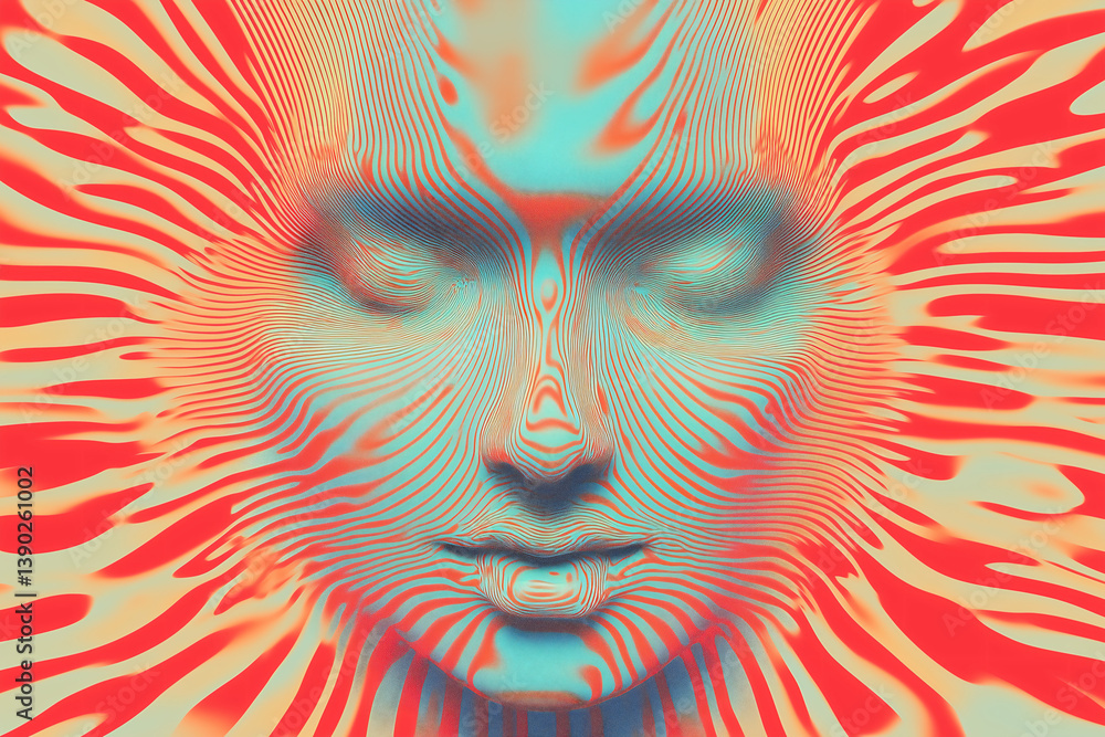 Poster abstract aura: a captivating portrait of a serene face, its form dissolving into an abstract, dynami