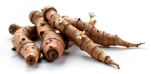Licorice dry roots with small delicate flowers on plain white background,  white,  natural