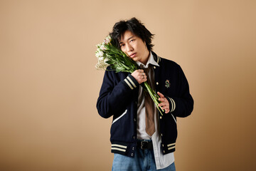 Stylish Asian man showcases spring fashion amidst a serene studio backdrop