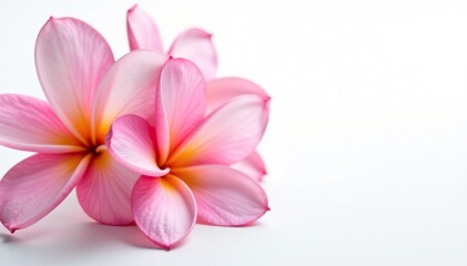 Obraz premium Pink plumeria flowers with delicate petals and yellow centers on a white background, elegant, fragrant