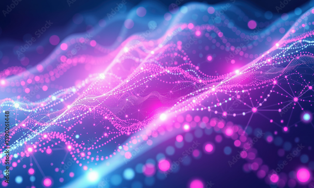 Poster vibrant and dynamic visualization of quantum data, showcasing flowing waves of pink and blue light, 
