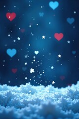 Light blue snowfall gently falls against a backdrop of love hearts and stars,  season,  Christmas