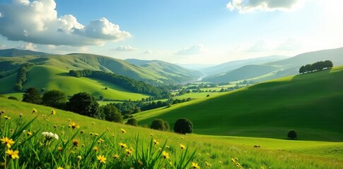 Rolling hills and lush green meadows in the peaceful countryside of Powys, mid-Wales, Wales,  Wales,  remote