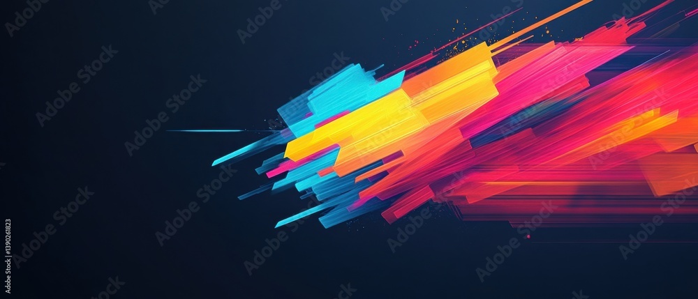 Poster dynamic abstract background with vibrant colorful geometric shapes and lines on dark backdrop concep