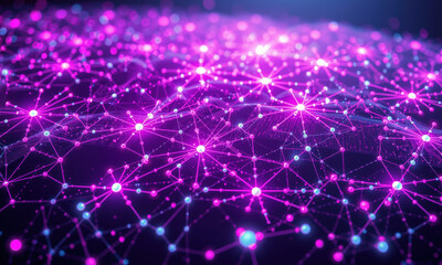 Obraz premium vibrant network of interconnected nodes and lines, showcasing digital landscape in shades of pink and blue, representing data flow and connectivity