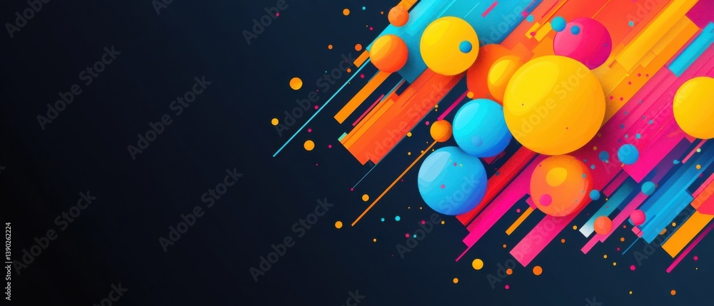 Poster vibrant abstract background with colorful spheres and geometric shapes on dark backdrop for modern d