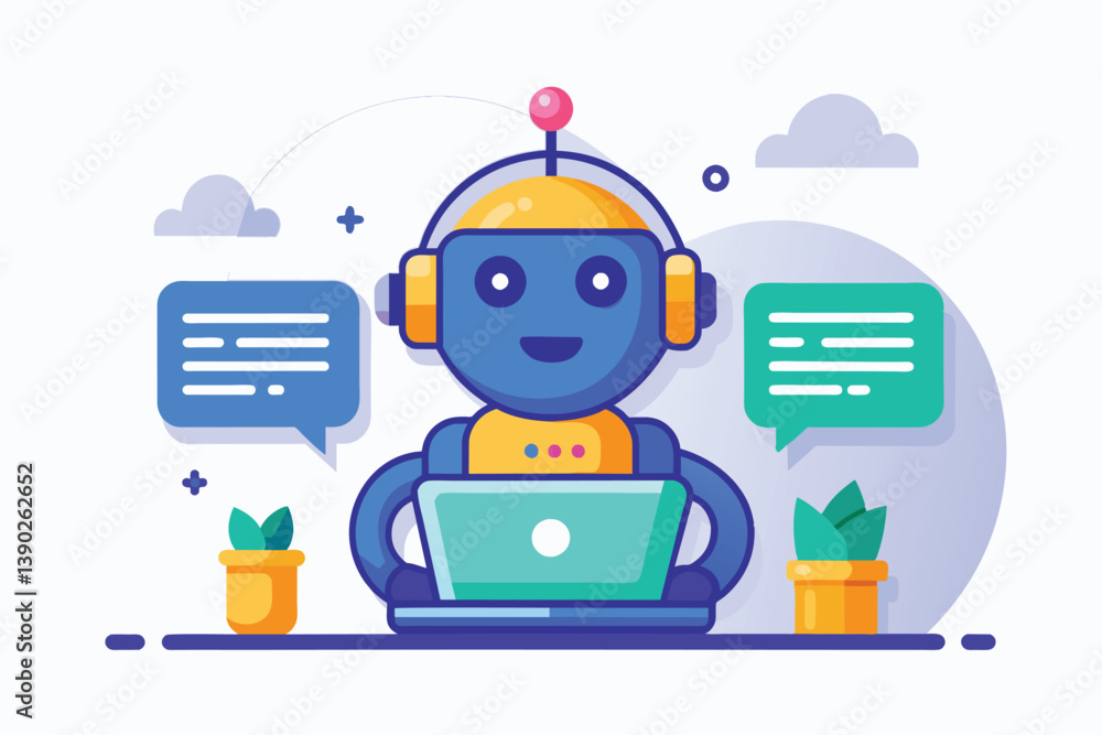 Poster an illustration of a blue robot with a headset and a friendly smile, using a laptop and engaging in 