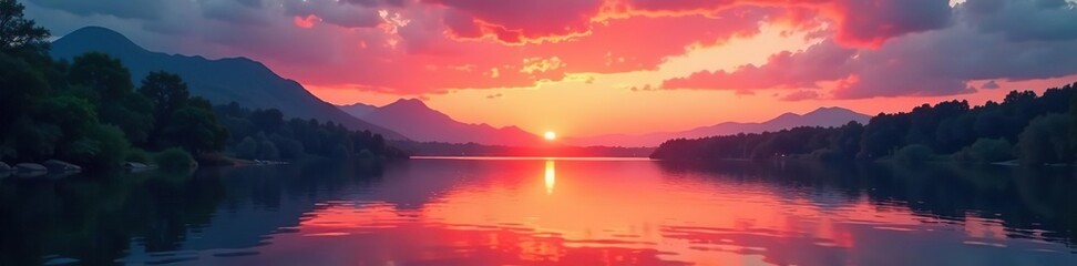 Fototapeta premium Peaceful sunset on the calm river, with vibrant orange and pink hues reflecting beautifully on the water's surface, evening, sunset