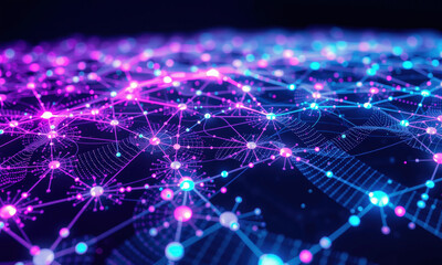 Fototapeta premium vibrant and intricate network of interconnected nodes and lines, showcasing digital landscape shades of pink, blue, and purple, evoking sense of advanced technology and quantum data visualization