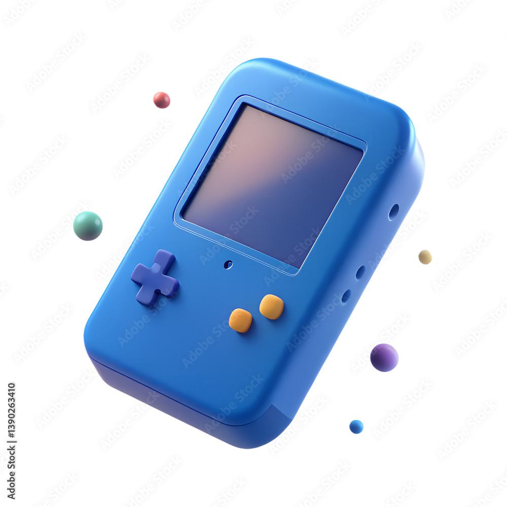 Poster retro handheld gaming device with colorful buttons and floating decorative spheres