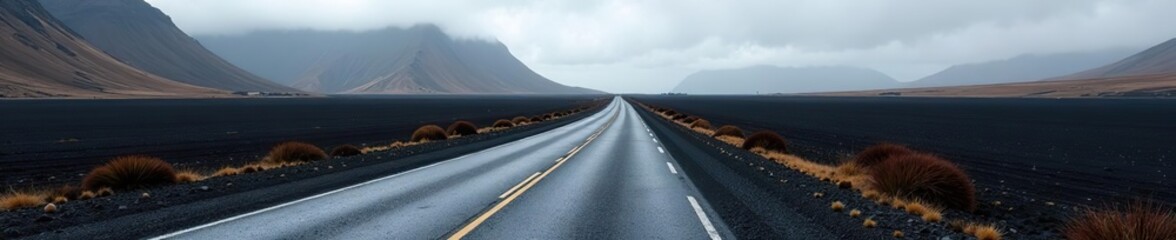 Long winding road cutting through surreal volcanic landscape in Myvatn, Iceland,  barren,  travel