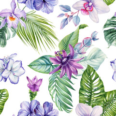 Watercolor seamless pattern passion flowers, exotic leaves. Tropical floral nature design floral background card, poster