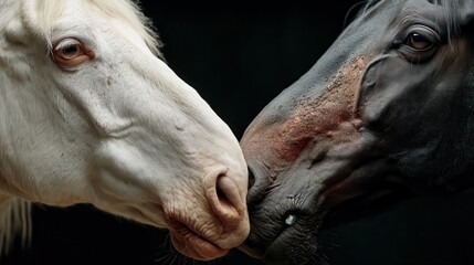 An artistic close-up portrait of a white horse and a black horse nuzzling each other, showcasing their friendship and beauty against a dark, dramatic background.