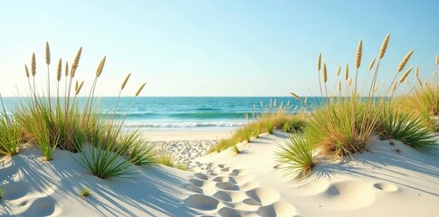 Photo of a variety of coastal plants, including sea oats, beach grass, and seagrass, growing on a sandy dune,  dune,  beach grass