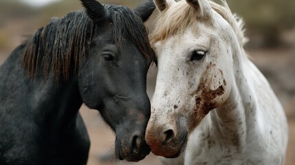 Fototapeta premium A visually striking close-up of a black horse and a white horse nuzzling against each other, symbolizing friendship, love, and trust in the beautiful world of nature.
