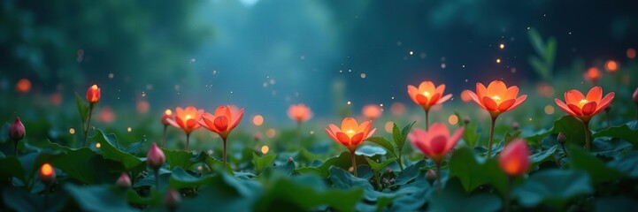 Luminous plants and flowers glowing in a misty meadow, creating a magical and enchanting scene,  meadow,  mystical