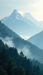 Photo realistic illustration of mystical morning fog over forested mountains,  nature,  landscape