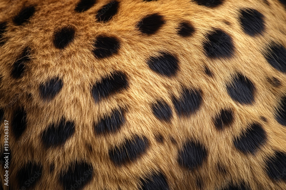 Poster detailed view of the unique spot pattern on a serval cat's fur, highlighting its texture and color