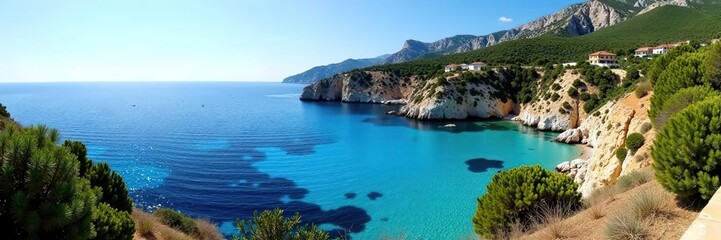 Picturesque panoramic view of the Mediterranean Sea landscape in Cala Fornells, Mallorca Spain with crystal-clear blue waters, rocky cliffs, and lush greenery,  scenic view,  blue waters