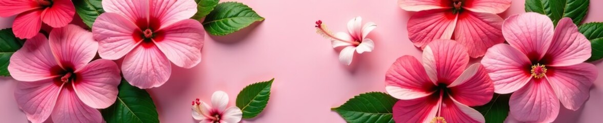 Pink and red hibiscus flowers arranged in a flat lay postcard style, showcasing the local flora beauty,  tropical,  hibiscus