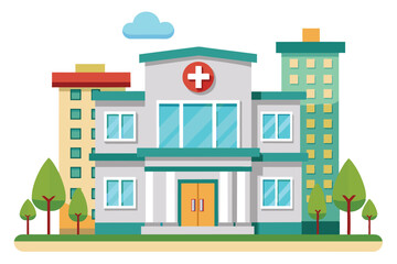 A flat illustration of a modern hospital building with a red cross sign, green trees in front, and a tall building to the right.
