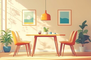 Modern Dining Room Inspiration: Creative Layout with Wooden Table, Orange Chairs, and Artwork in Stylish Home Interior