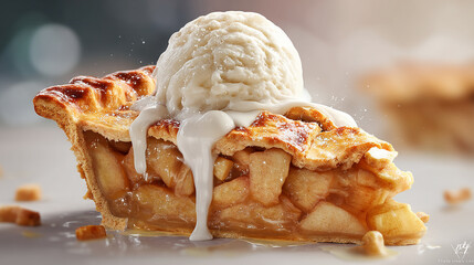 Apple pie slice topped with vanilla ice cream melting