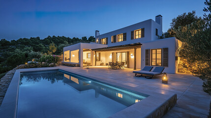 Tranquil night view of solar powered white home with pool and patio