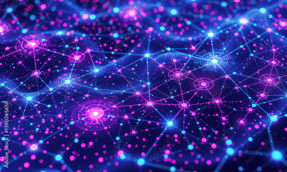 Poster vibrant digital network visualization featuring interconnected nodes and glowing lines shades of blu