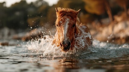 An impressive horse emerges from waves, presenting a powerful image of wildlife and nature's beauty as water splashes around in a captivating scene of action.