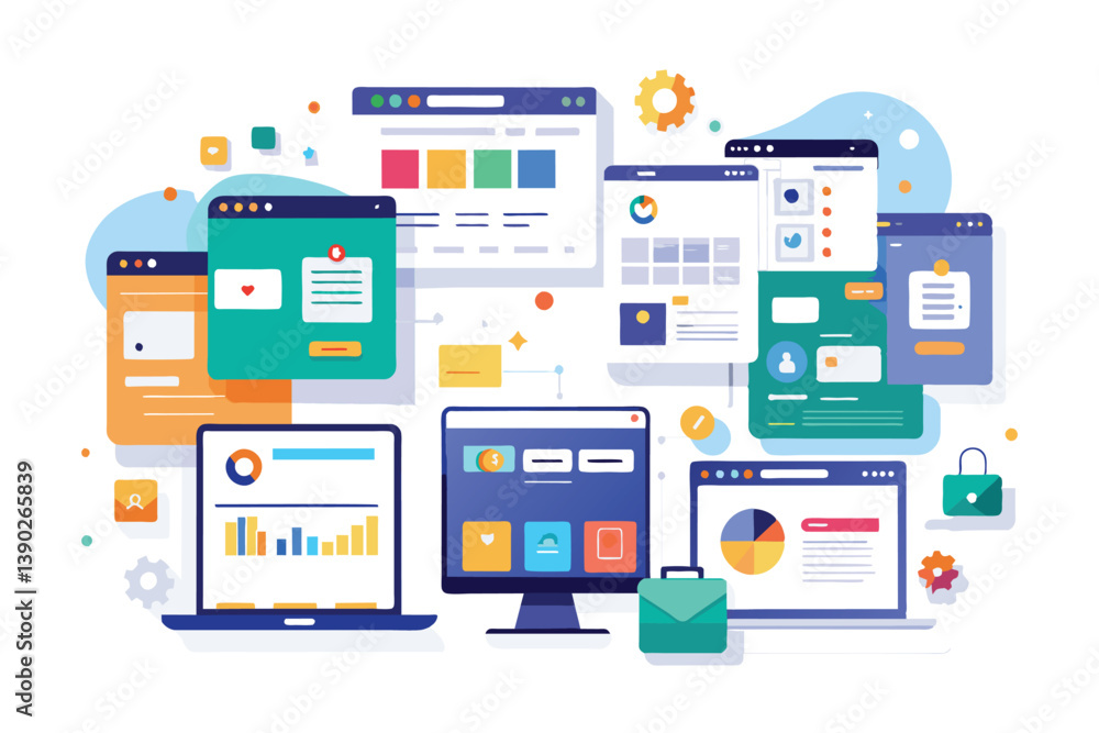 Poster a vibrant illustration shows open web browsers on desktops and laptops with various content like cha
