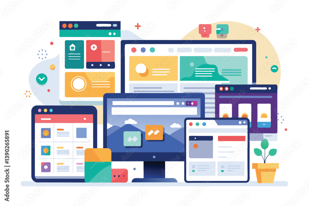 Poster a modern illustration featuring multiple colorful websites displayed on different devices, including