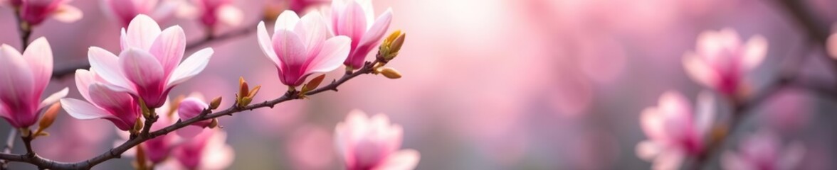 Obraz premium Pink spring magnolia flowers branch with fresh blooming blossoms, vibrant, seasonal