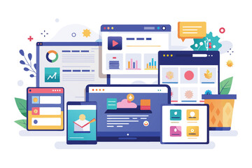 A colorful illustration showcasing a variety of web pages displayed on different devices, including a laptop, smartphone, and tablet.