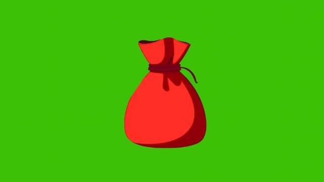 A red cloth bag tied with a dark string, depicted in a stylized art style, isolated on a vibrant green background, symbolizing storage or gift