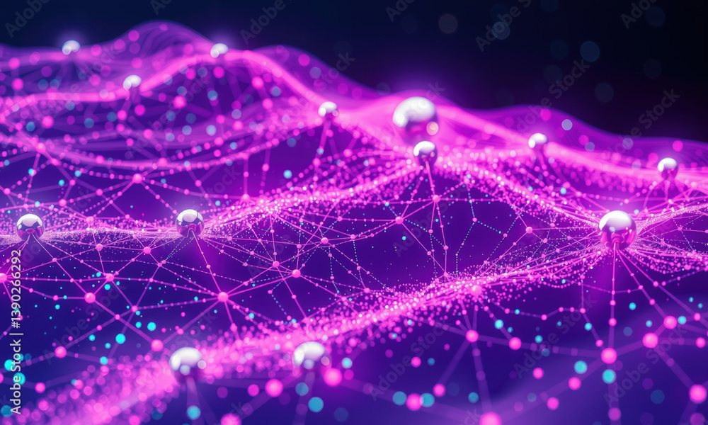 Poster vibrant visualization of quantum data, featuring interconnected nodes and flowing lines in shades of