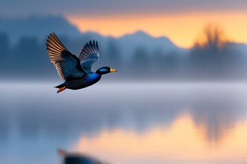 Dark Duck in Flight over Misty Lake at Sunrise